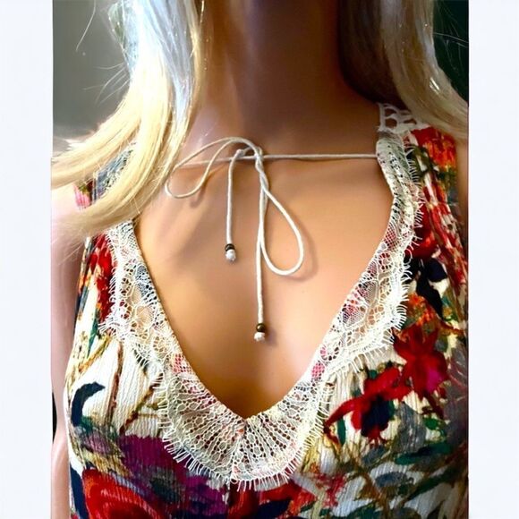 Vintage l Umgee Summer Mini Dress l Lace Back l Cream with Floral Print l L - Picture 3 of 9